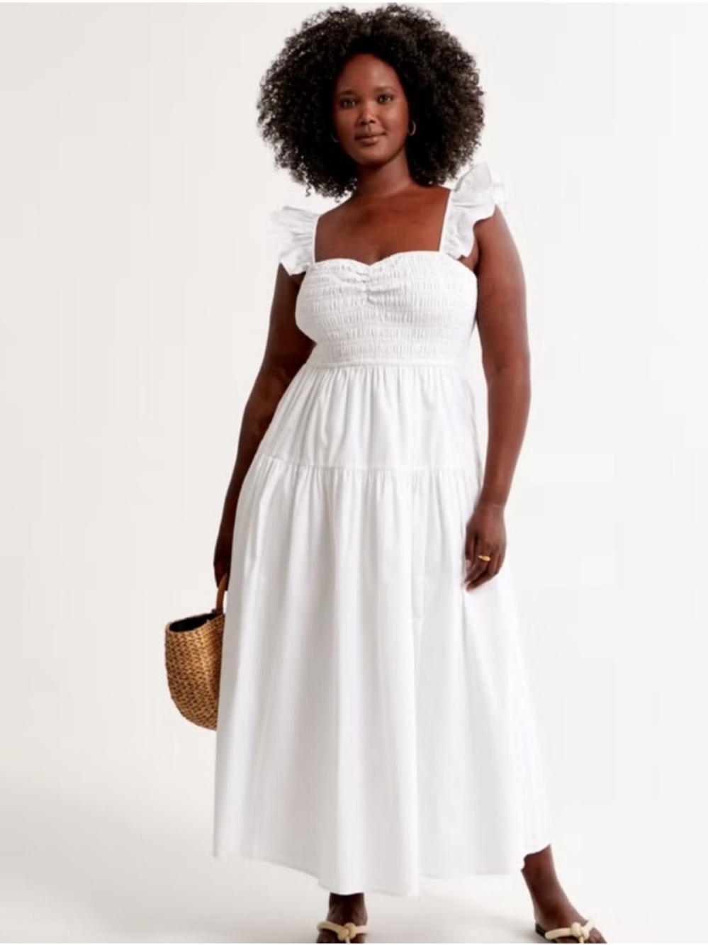 Abercrombie & Fitch Women's Ruffle Strap Smocked Midi Dress White XXL Tall